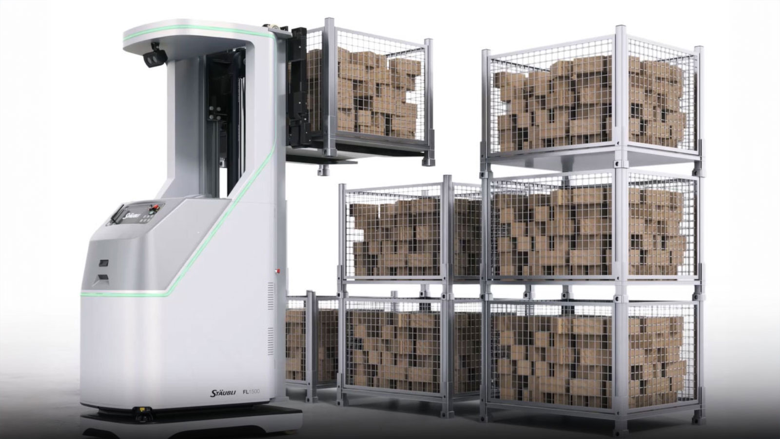A robotic forklift moving a stackable bin A robotic forklift moving a stackable bin