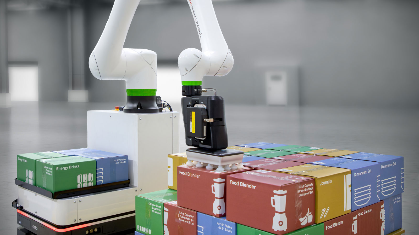 The CRX‑30iA mobile manipulator demonstrating palletizing with a fully integrated robotic autonomous mobile robot (AMR) system engineered for warehouse, fulfillment and distribution environments. The CRX‑30iA mobile manipulator demonstrating palletizing with a fully integrated robotic autonomous mobile robot (AMR) system engineered for warehouse, fulfillment and distribution environments.