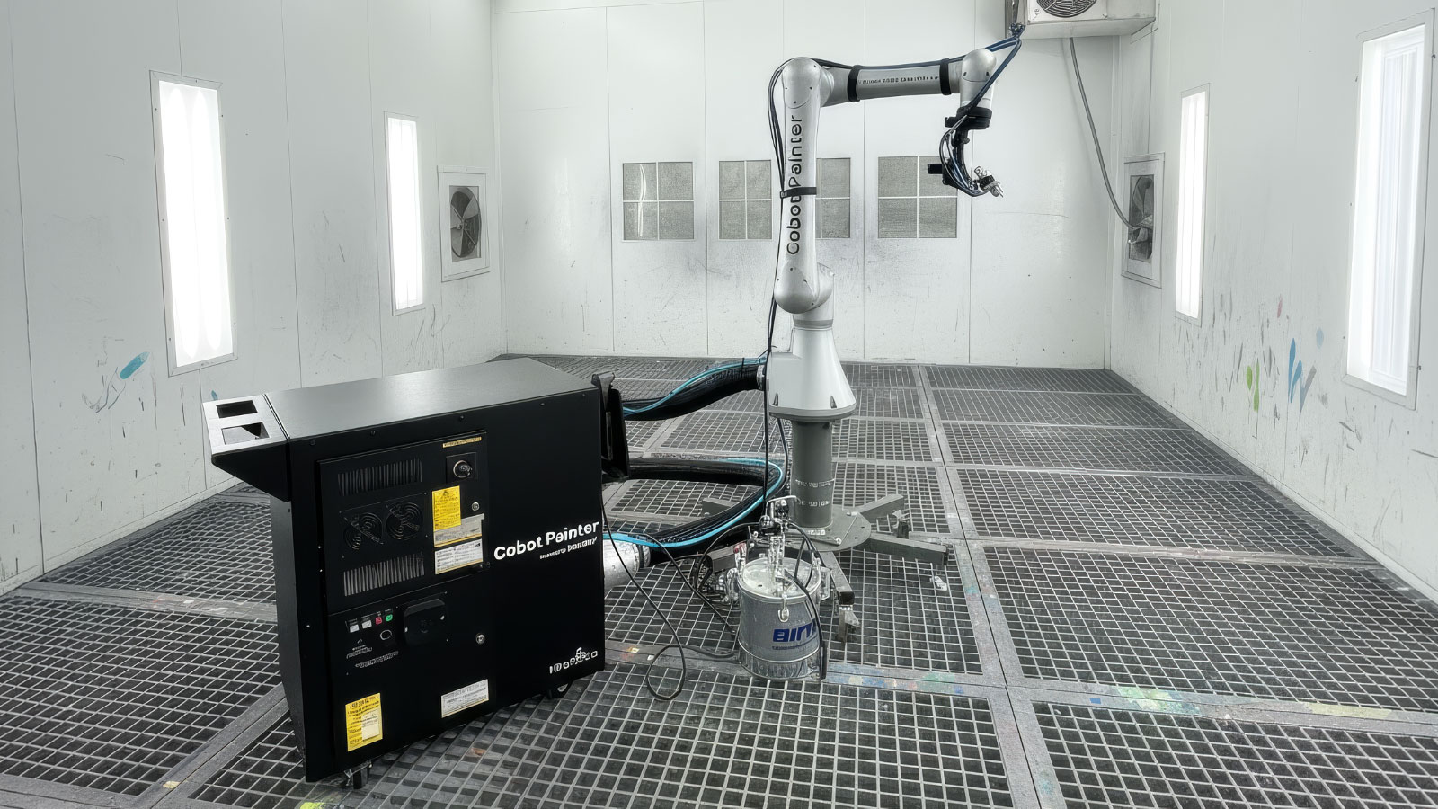 Hirebotics’ Cobot Painter brings robotic spray painting to manufacturers who need a flexible, affordable alternative to traditional paint booths and manual spraying to handle liquid paint and powder coating with repeatable precision. (Image from Hirebotics, background generated via AI) Hirebotics’ Cobot Painter brings robotic spray painting to manufacturers who need a flexible, affordable alternative to traditional paint booths and manual spraying to handle liquid paint and powder coating with repeatable precision. (Image from Hirebotics, background generated via AI)